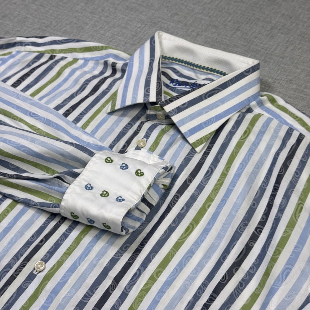 Robert Graham Dress Shirt Mens XL/2XL 46 Blue Striped Point Collar Long Sleeve